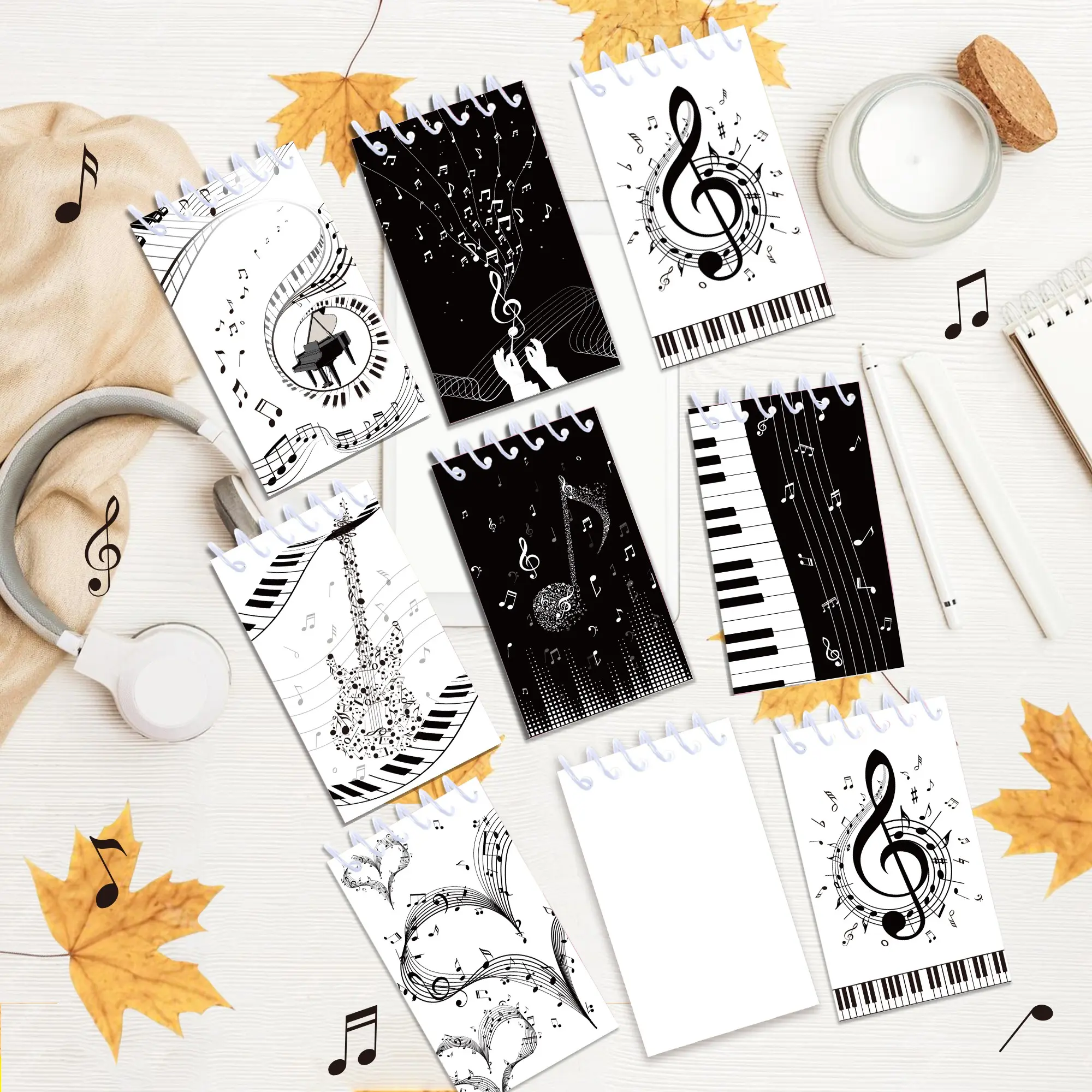 8-Pack Music Theme Coil Notebook, Vertical Tear-Off Portable Pocket Memo Book, Student Carry-On Paper Notepad, Convenient and Compact Design