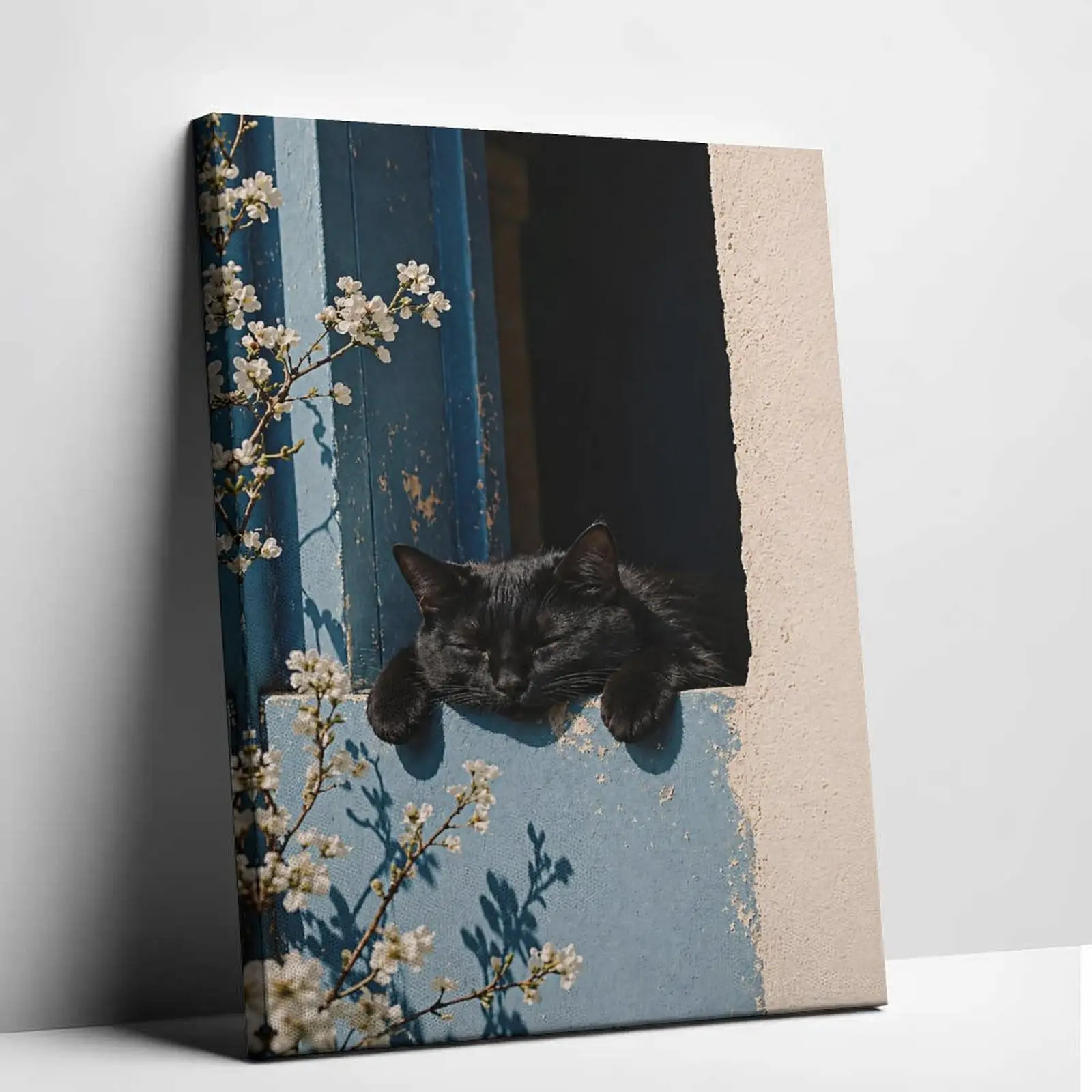 Sleeping Black Cat Canvas Wall Art - Cute Kitty on Blue Window with White Flowers Vintage French Countryside Decorative Poster Print for Cozy Living Room, Whimsical & Aesthetic Home Decor for Wall, Living Room Decor