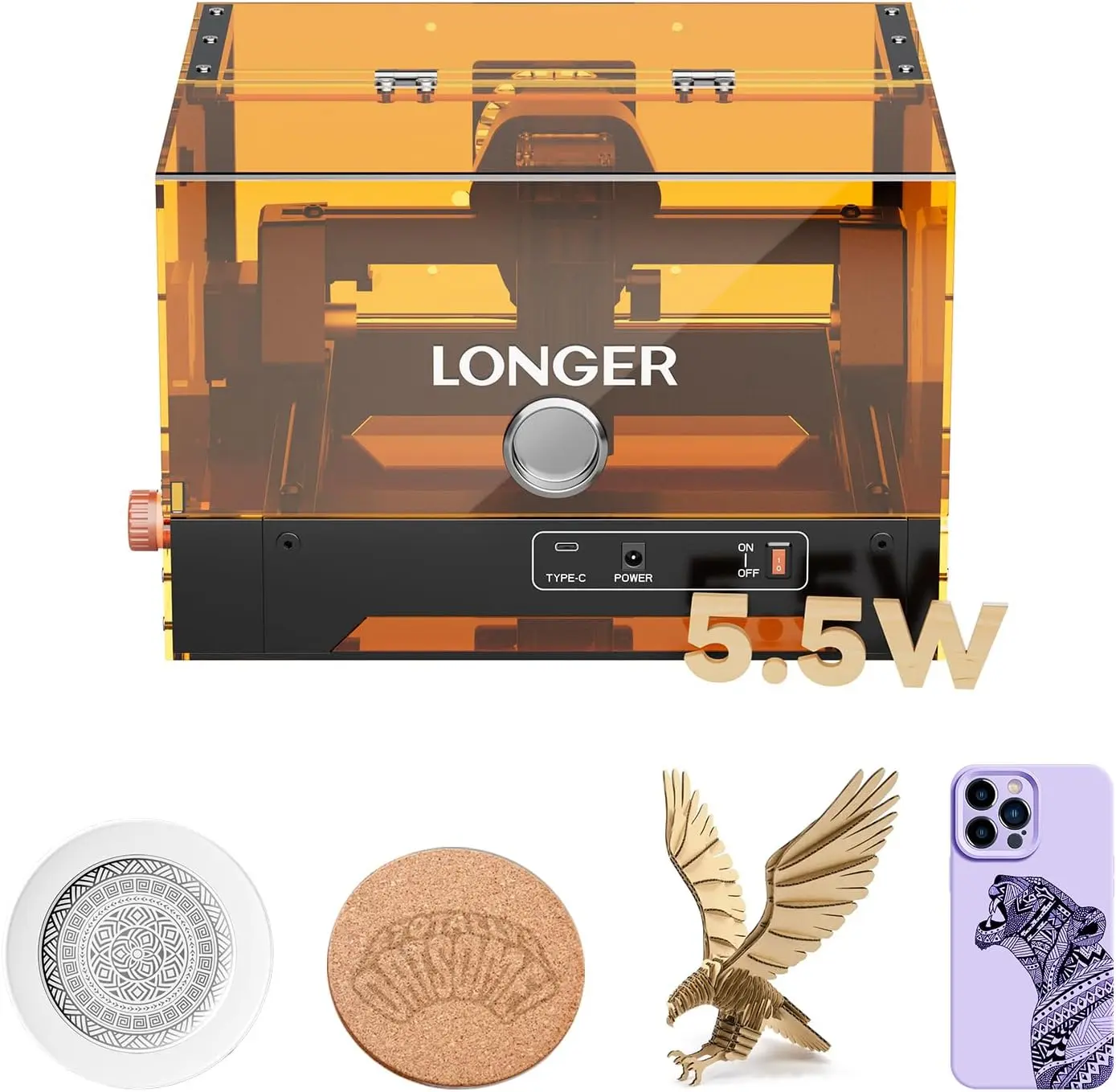 Longer RAY5 miniS Laser Engraver with Enclosure,5.5W Output,12,000mm/min High-Speed for Wood, Acrylic,Leather, Built-in Wi-Fi, APP Control, FDA Class 1 Safety Protection,Engraving Area 130 * 120mm