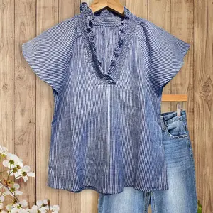 SageVell Blue White Striped Ruffle Neck Blouse Breathable Summer Style, Effortless Casual Chic Top, Fresh Womenswear For moms Teachers Students SpringStatements