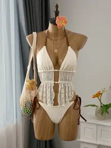 Meghana Women's Floral Lace Mesh Beaded Halter Neck Tankini Swimsuit Set With Contrast Color Drawstring Bottoms, Suitable For Spring/Summer Vacation Vintage Swimsuit Fringe Bathing Suit Boho Swimsuit Cream Halter Swimsuit Cream Bathing Suit