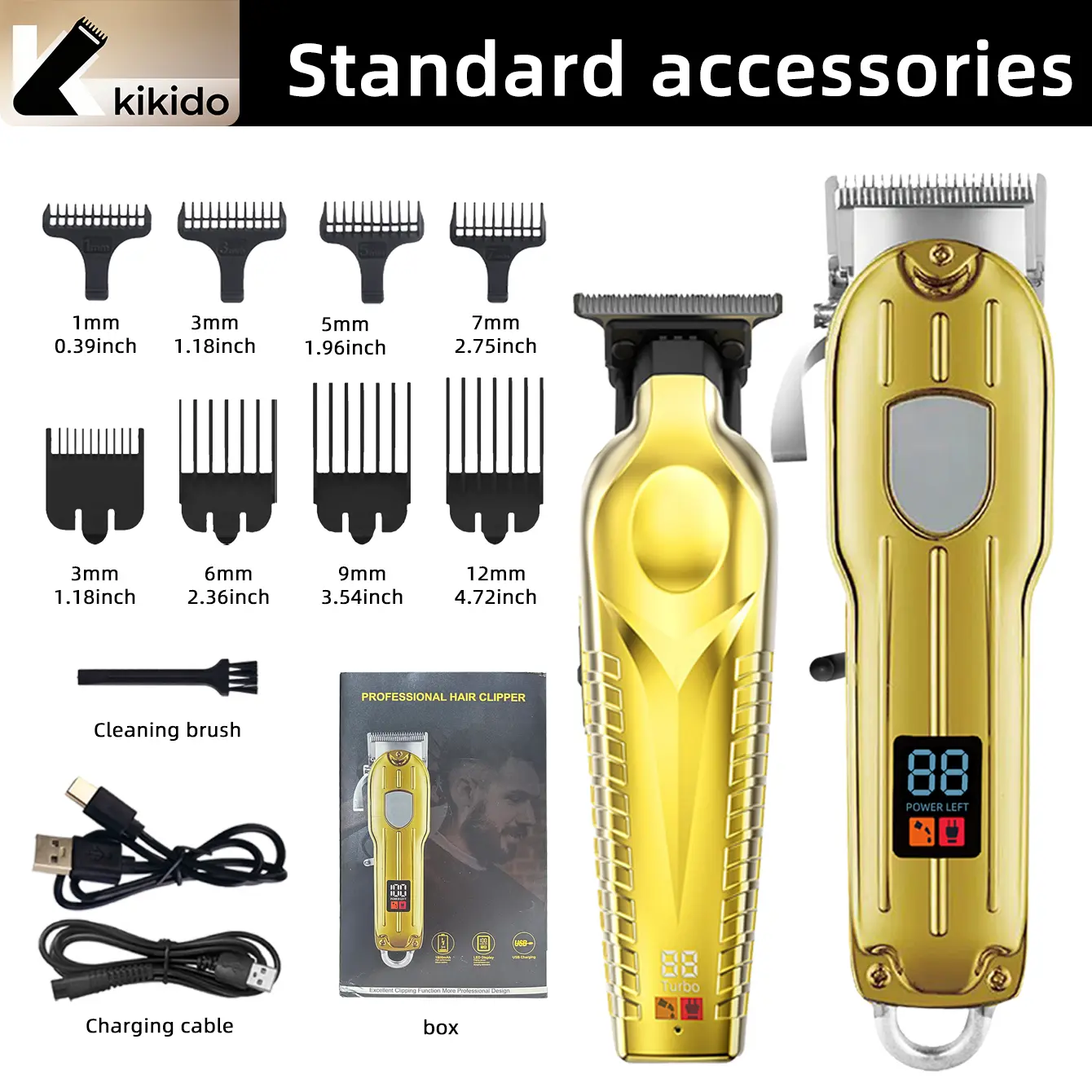 Kikido All-Metal Rechargeable Hair Clippers & Detail Trimmer Combo for Men, LED Digital Battery Display, Turbo Professional Cutting Machine with Limit Combs, Cordless 0-Gap Barber Kit for Fade Beard Styling (Home & Salon Use)