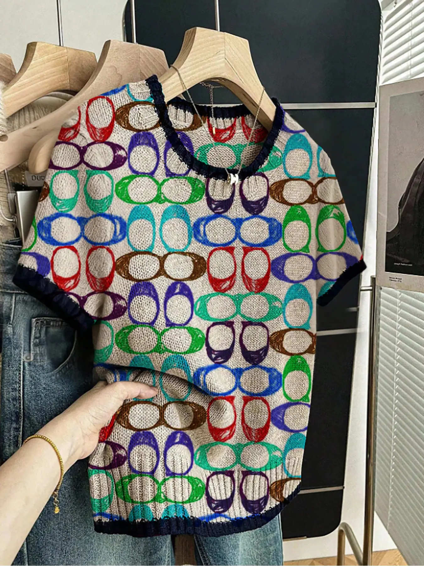 Geometric Print Round Neck Sweater Knitted Casual Comfy Pullover, Casual Short Sleeve Fashion Knitwear for Spring Summer Fall, Comfortable Warm Women's Clothing Fashion Casual Top Casual Fit Knitted