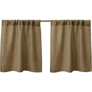 Burlap Tier Curtains for Short Windows, 24 inch Linen Cafe Curtains, Rustic Tan Rod Pocket Set of 2