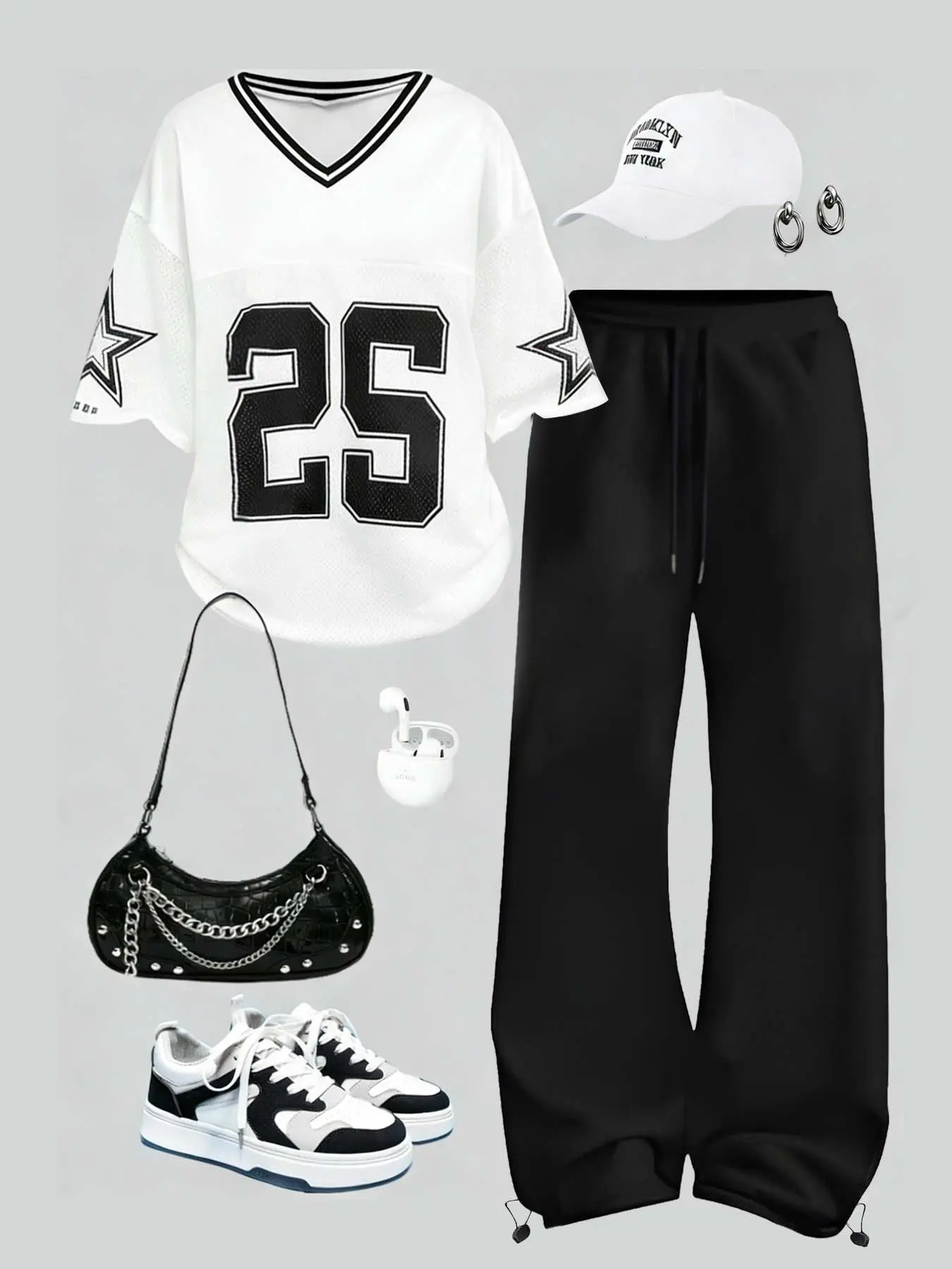tiktokshopspringglowup Y2K Vintage 25 Jersey Streetwear Outfit | Oversized V-Neck Graphic Football Tee + Baggy Sweatpants, Retro 90s Hip Hop Casual Sporty Look for Summer 2026, Summer Matching Set, Casual Everyday Set