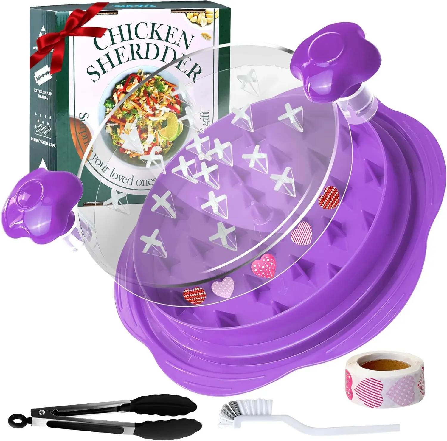 10'' Chicken Shredder Tool Twist Large, AOSION Chicken Shredder, Meat Shredder Visible, Desmenuzador De Pollo Ergonomic Handle, Includes Brush, Food Holder, DIY Sticker (Purple)