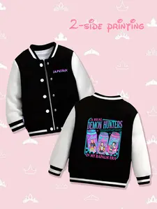 Women's Demon Hunter Cartoon Baseball Jacket, Long Sleeve Fitted Print Coat, Cute Fall & Winter Outwear, Casual Daily Wear HUNTR/X（EJAE、AUDREY NUNA、Rei Ami）、Saja Boys（Andrew Choi、Neckwav、Danny Chung、KEVIN WOO、samUIL L）、TWICE、MeloMance、JOKERs