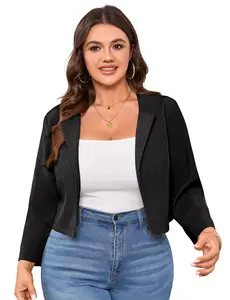 Women's Plus Size Open Front Cropped Blazer, Lightweight Layering Jacket (95% Polyester 5% Spandex)