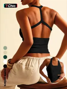 Backless Sleeveless Sports Bra Tank Top, Cross-Back Design, Comfortable Casual Wear, Daily Date, Slim-Fitting Short Style, Yoga Sports Bra