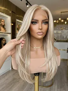 Topshe 22-Inch Layered Platinum Blonde Straight Hair Synthetic Wig, 13x6 Fiber Lace High-Temperature Silk Medium Length, Free Part Design, Spring Accessory, Natural Looking Wig