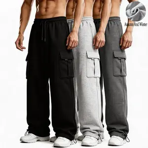 3 piece set of men's solid color loose waist straight pants, casual loose pocket drawstring design, comfortable for daily wear, suitable for autumn and winter wear, commuting, sports fitness, street wear