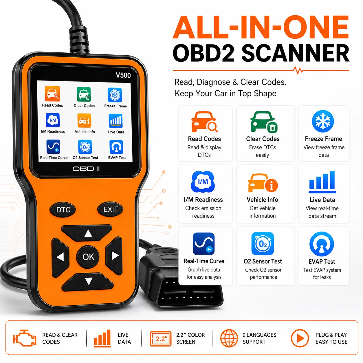 V500 OBD2 Scanner Code Reader, automotive engine diagnostic tool with code reading and clearing, live data, real-time graph, freeze frame, I/M readiness, O2 & EVAP test, 2.2" color screen