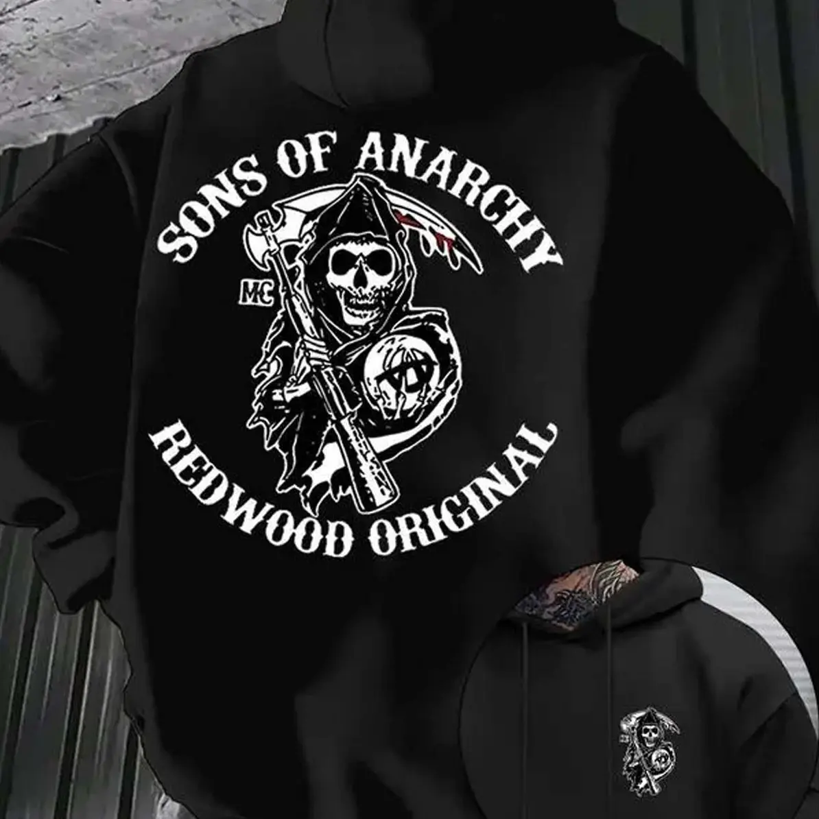 Sons of Anarchy Redwood Original Grim Reaper Hoodie Menswear Graphic Hoodie Casual Streetstyle Fleece Fabric Pullover Hooded Sweatshirt Trendy Tops for Women for Men