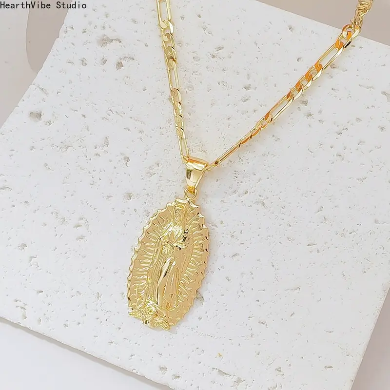 14 Karat Gold Unisex Jesus Pendant Necklace with Colorful Cubic Zirconia, Included Link Chain Necklace, Stylish Everyday Wear Jewelry, Sports & Outdoor Accessory, Link Chain Necklaces