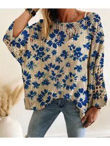 Spring/Summer style, Oversized, boat neck with diamond cutout, batwing drop shoulder loose fit, long-sleeve women's knitted top with contrast color tie-dye floral print, vacation style, casual for commuting, women's vest cover-up