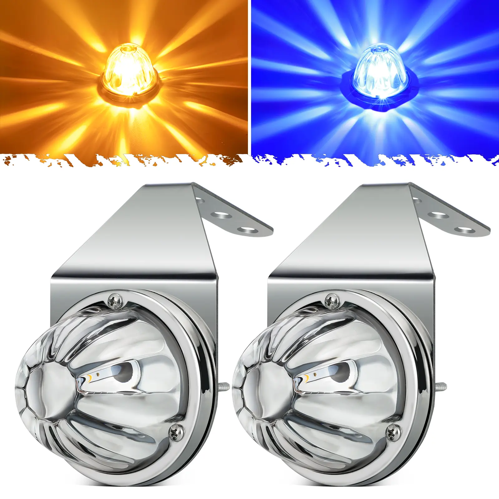 Partsam 2Pcs Glass Watermelon Lights Dual Color Amber/Blue with Stainless Steel Bracket for Kenworth Peterbilt Freightliner