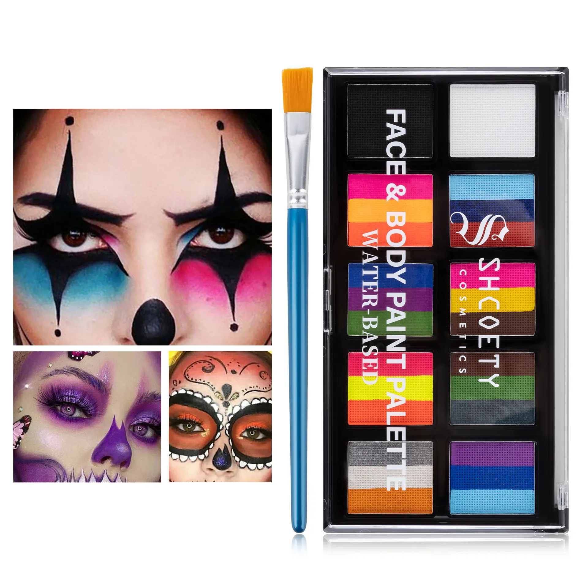 24Colors Face Body Paint Oil Palette+ 1 Brushes Set, Professional Non Toxic Face Painting Pallet Kit for Halloween SFX Cosplay Clown Makeup for Women Adults