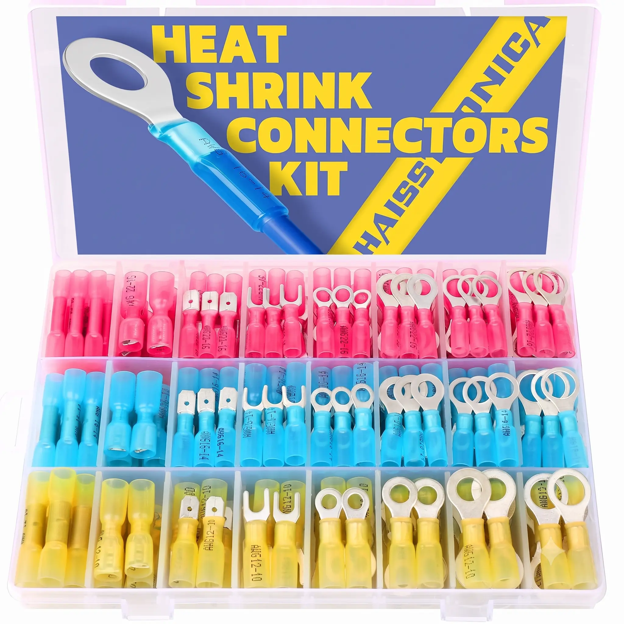 Haisstronica Marine Grade Heat Shrink Tinned Red Copper Wire Connectors & Terminals Kit - 16-14/22-16/12-10 Gauge Crimp Insulated Ring, Fork, Spade, Butt Splices, Heat Shrink Wire Connectors, Wire Connections