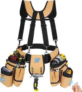 Tool Belt with Suspenders,27-Pockets Heavy Duty Tool Belts for Men with  Tool Pouch,Detachable & Adjustable Work Belt Bag for Electrician,Carpenter,Construction,Utility Toolbelt,Black,Brown