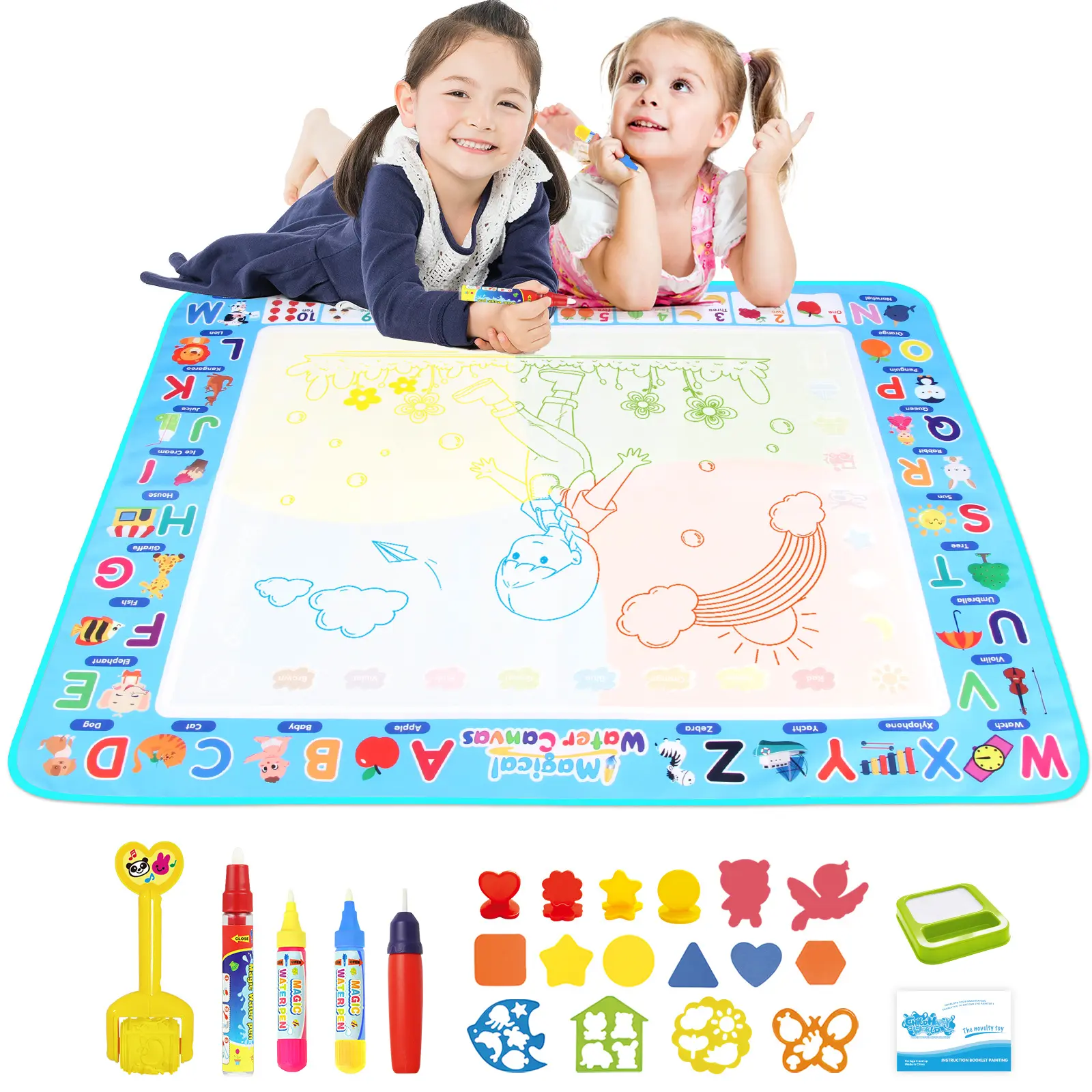 Water Doodle Mat for Toddlers 39"x31", Reusable No-Mess Large Drawing Mat – Folds Easily, Educational Toy Gift for Kids Boys Girls
