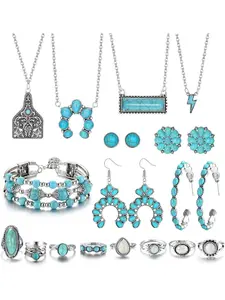 Turquoise Adjustable Jewelry Set for Women, Western Style Necklace & Dangle Earrings, Boho Bracelet & Knuckle Rings, All Seasons Fashion Accessories