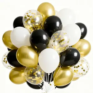 PartyWoo 66-Piece 12in Thick Floatable Balloons - Matte Black, White, Metallic Chrome Gold, Confetti - for Graduation, Birthday Party Decorations