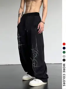 Men's Casual Sporty Long Pants, Cross Pattern Print Sweatpants, Drawstring Wide Leg Loose Fit, All Season Men's Clothing, Casual Sporty Trousers