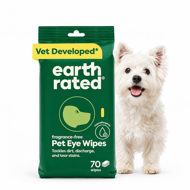 Earth Rated | Dog Eye Wipes, Hypoallergenic Pet Wipes for Dogs & Cats to Remove Dirt & Discharge, Fragrance Free, 70 Count