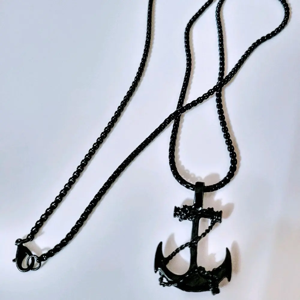 Pirate Anchor Pendant Shiny Black Coated Necklace 23.6 Inches Chain Unisex