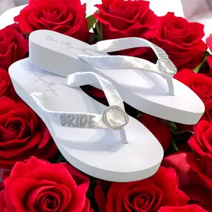 Infinity Circle Bride Flip Flops with Glitter, Satin & Rhinestone for Destination Wedding Women Shoes