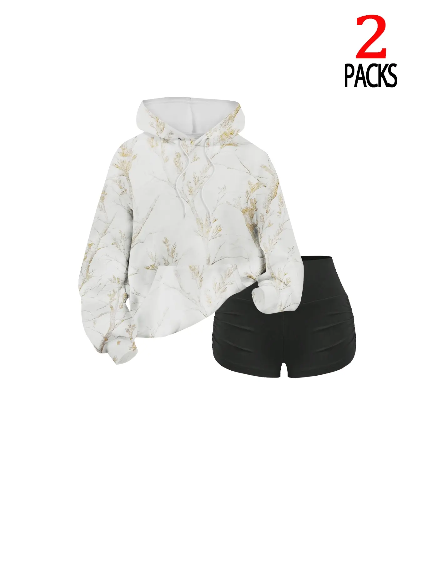 Women's Fall Winter Hooded Long Sleeve Drawstring Sweatshirt Set, Fashionable Simple Design with Tree Branch Print, Casual Loose Fit Pocket Top