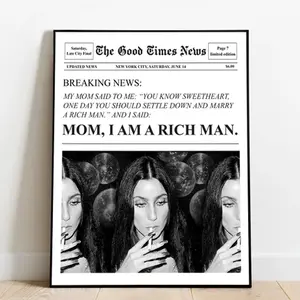 Trendy Newspapers Print Poster, Mom I am a rich man Cher Quote Poster, Retro Bar Cart Feminist Wall Art, Magazine Cover Aesthetic New York News