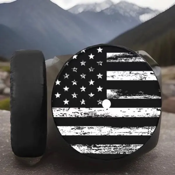Black and White American Flag Spare Tire Cover with Backup Camera Hole — Leather