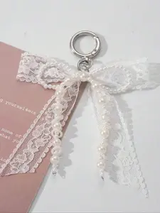 Lace Bowknot and Faux Pearl Keychain Wallet Charm, 1 Piece Set, Y2K Bead Pendant for Bags, Shoes, and Bowknot Decorations, Trendy Cute Keychain, Keychain Accessories