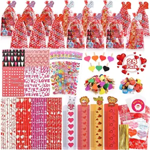 Valentine’s Day Gifts for Kids 28 Pack Assorted Valentine Stationery Set with Cards Pencils Erasers Notepads Classroom Treat Bags Party Favor Goodie Bag Fillers
