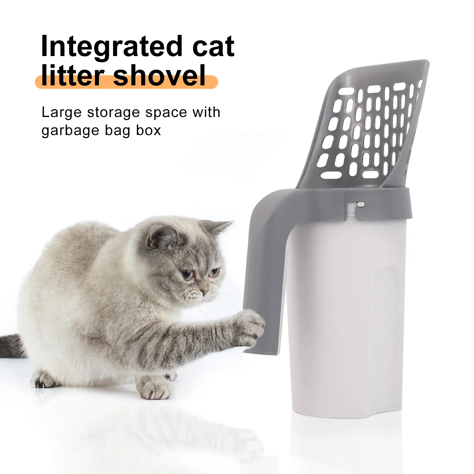 Premium Cat Litter Scoop with 15 Count Refill Bags, Integrated Detachable Litter Shovel with Waste Container, Large Portable Cat Scooper with Holder, Kitty Poop Scooper & Easy Storage Caddy