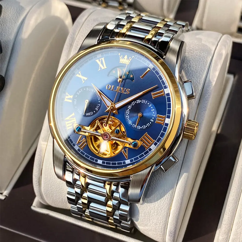【Automatic Watch Collection】OLEVS Men's Self Winding Automatic Mechanical Tourbillon Watch Stainless Steel Luminous Waterproof Luxury Dress Wristwatch with Bracelet and Gift Box 6617