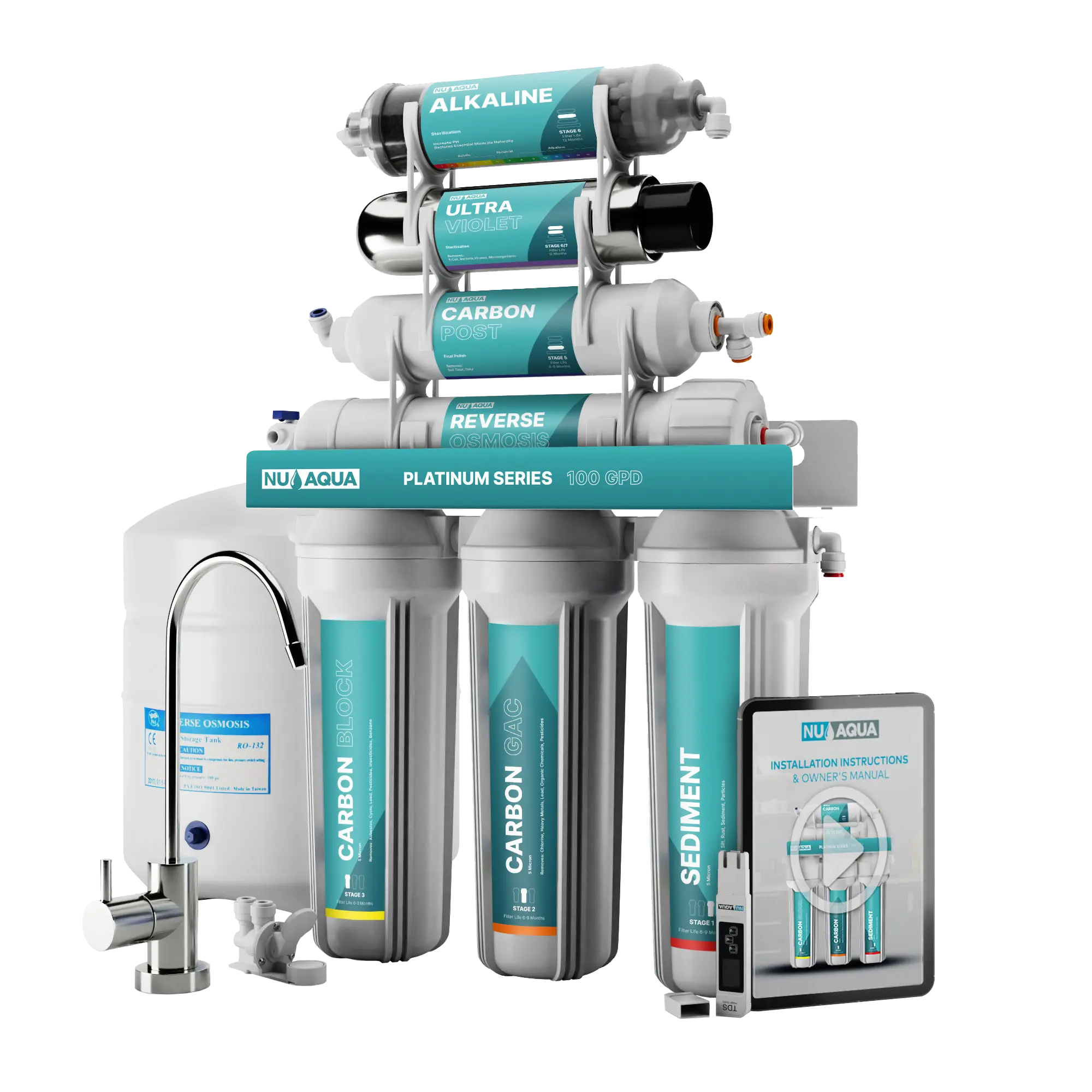 NU Aqua Platinum Series 7 Stage Alkaline and UV Ultraviolet 100GPD RO System