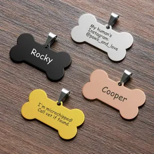 Bone-shaped pet tags, personalized with pictures, text, and made of stainless steel.