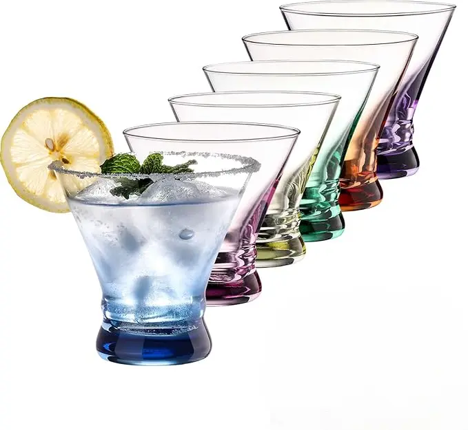 Martini Glasses Set of 6 - Cocktail Glasses - 8oz Stemless Margarita, Bar, Dessert Glass - Colored Liquor Drinking Glassware - Cosmo, Manhattan, Espresso Martini - Cocktail Party Gift for Her