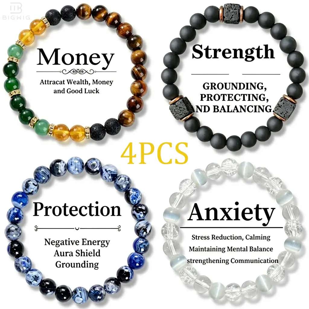 4Pcs Exquisite Boho Crystal Bracelet Set - Tiger Eye, Green Aventurine & Hematite Beaded Jewelry for Money Attraction, Stretch Bracelets Hawaii Charm Bracelet for Women Men Summer Beach Holiday, Manifestation Jewelry Gift for Mom's Day, Father's Day tikto