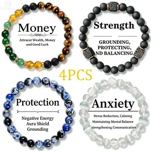 4Pcs Exquisite Boho Crystal Bracelet Set - Tiger Eye, Green Aventurine & Hematite Beaded Jewelry for Money Attraction, Stretch Bracelets Hawaii Charm Bracelet for Women Men Summer Beach Holiday, Manifestation Jewelry Gift for Mom's Day, Father's Day tikto