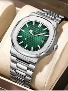 Men's Business Fashion Square Dial Quartz Watch, Stainless Steel Strap Luminous Analog Watch with Date & Week Display Function, Gift for Men