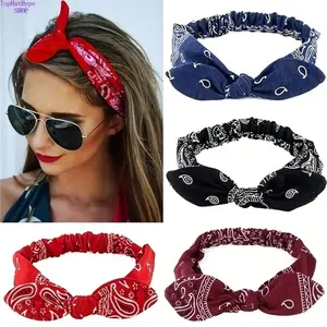 Women's 4pc Vintage Paisley Printed Elastic Headbands Set - Bowknot, Flower, Bunny Headpiece Designs, Assorted Accessory Kit Headbands for Festival Use