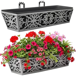 2 Pack 24 Inch Window Boxes Planter for Outdoor Plants Deck Railing Planter Box with Adjustable Brackets for Porch Fence Balcony Hanging Flower Baskets with Non-Woven Fabric Liner for Garden Decor