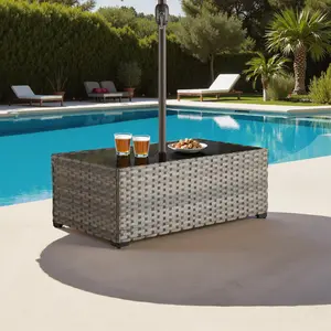 【ON SALE】Outdoor Umbrella Side Table, Patio Tables with Umbrella Hole, All Weather Rattan, Tempered Glass Tabletop, Poolside Table for Bistro/Porch/Garden/Deck/Courtyard, Easy Assembly