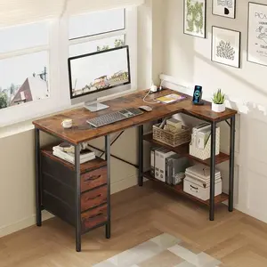 L Shaped Desk With Shelf Drawers, White Corner Computer Desks Gaming With Power Outlet, Study Table With Adjustable Shelves, Home Office Tables For Bedroom Teacher Reading Writing