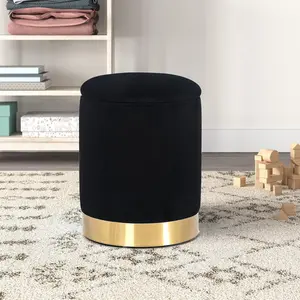 Adeco Round Upholstered Velvet Storage Ottoman with Gold Metal Base, Makeup Vanity Chair Soft Compact Padded Seat Footrest Stool for Living Room Bedroom