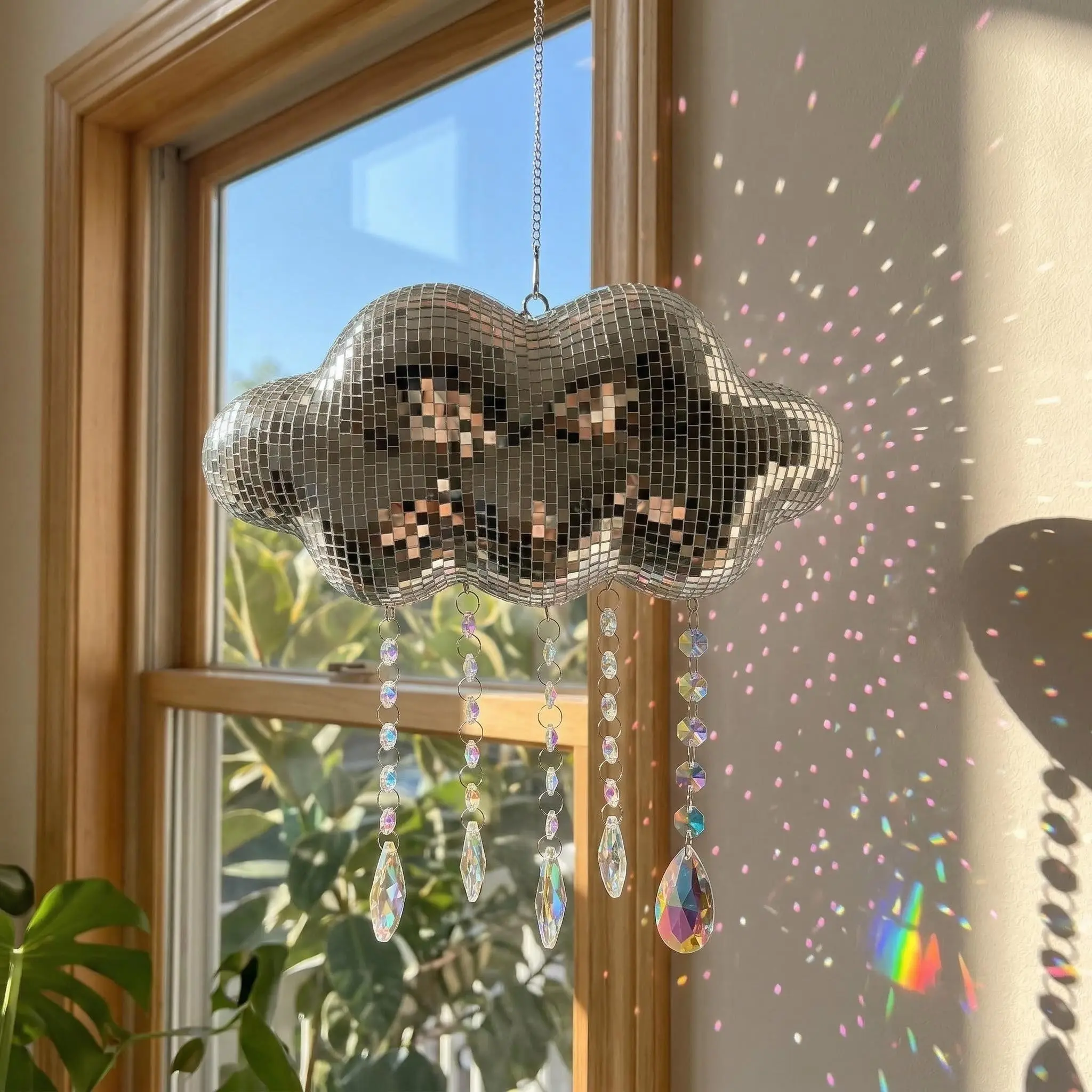 Cute Cloud Disco Ball, Crystal Prism Rainbow Light Effect Hanging Window Decor, Silver Aesthetic Party Decoration, Hanging Room Decor