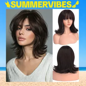 SummerVibes AISI HAIR Short Layered Wig with Bangs Natural Straight Looking Synthetic Wigs for Women